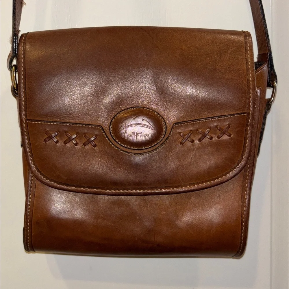 DELFINO BRAND BROWN LEATHER CROSSBODY ADJUSTABLE STRAP THICK SEASONED LEATHER